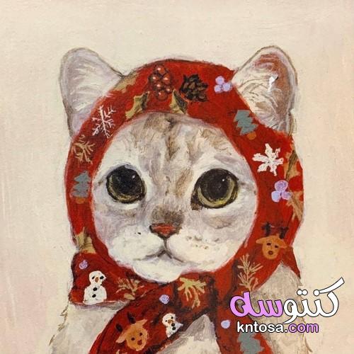 القطط في رسم الأوشحة ،قطط الشتاء في الأوشحة اللوحة الفنية الشعبية للقطط الأصلية kntosa.com_14_22_164