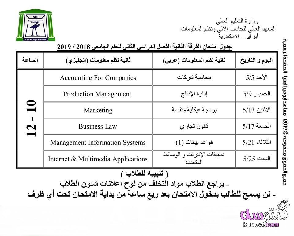 جداول امتحانات المعهد العالي للإدارة وتكنولوجيا المعلومات بكفر الشيخ الترم الثاني 2019 kntosa.com_15_19_155